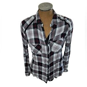 Rock & Republic black, red, and white plaid button down shirt size M